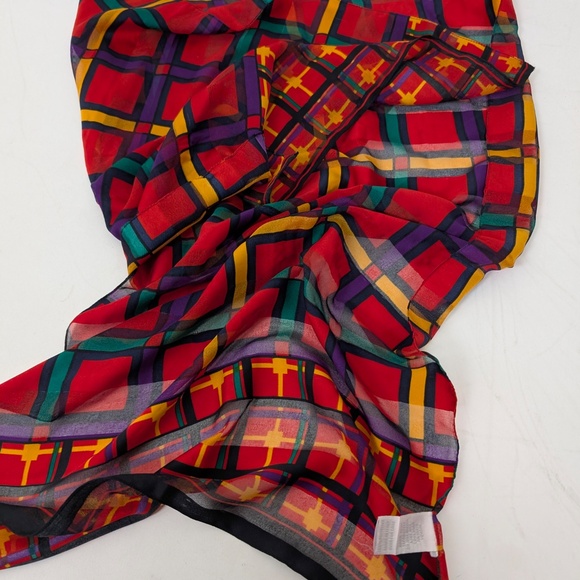 90s Plaid Scarf Abstract Rectangular Sheer Primary Colours Grid Tartan - Picture 8 of 8